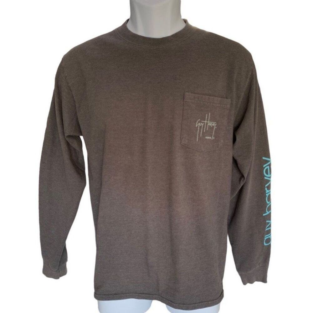 Guy Harvey Long Sleeve T-Shirt - Adult Medium - Gray - Colorful Logo Pocket - Fi